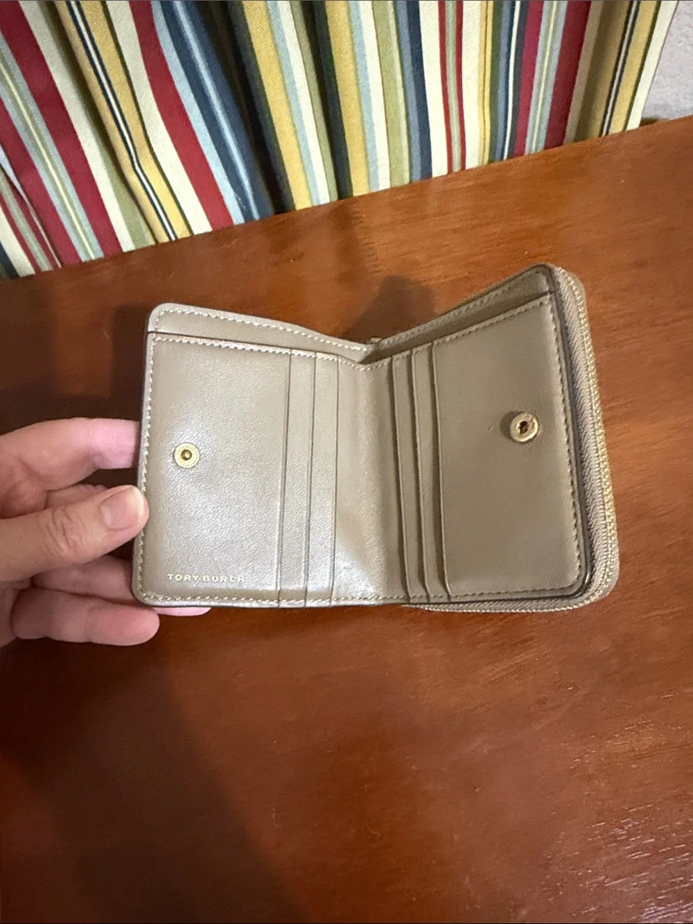 Tory Burch Quilted Zip Wallet in Taupe with Gold Logo